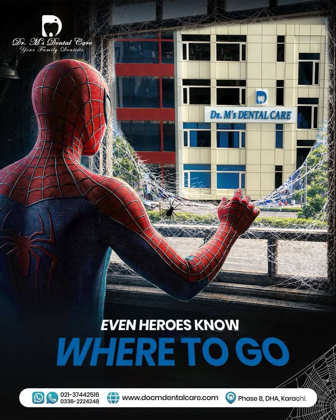 Instagram creative for a dental clinic: a comic-book hero in front of the clinic building, with the line 